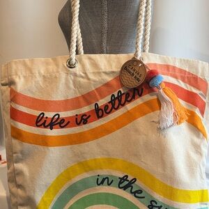 Canvas Beach Tote Bag - Life Is Better in the Sun - Cream with Multicolor Waves